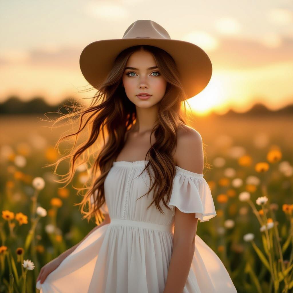 Girl in Wildflower Field: Alphonse Mucha-inspired Ethereal A...