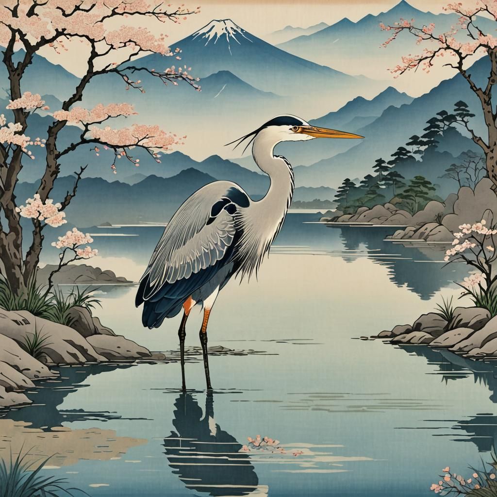 Heron on Lake Fuji: Ukiyo-e Style Painting