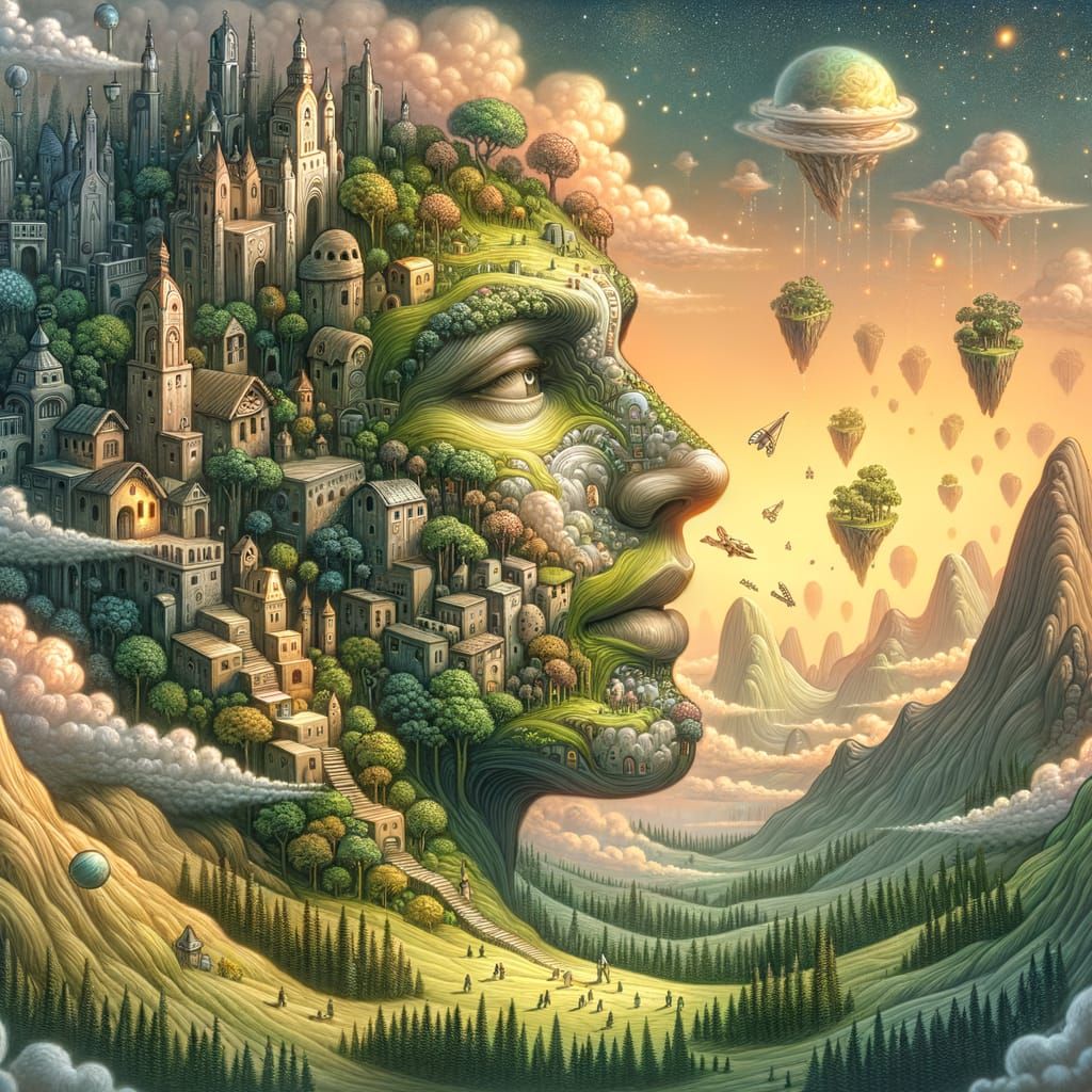 Surreal Hilltop City with Mysteriously Amusing Face