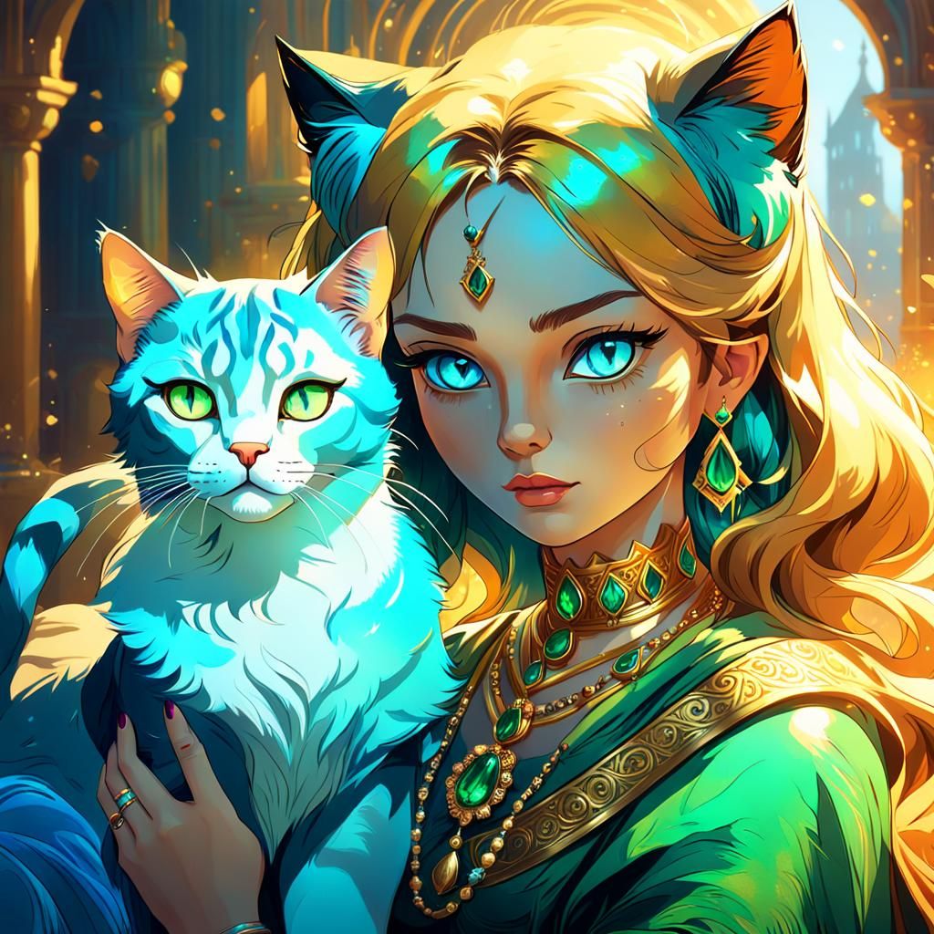 Fantasy Girl with Cat: Vibrant Oil Painting