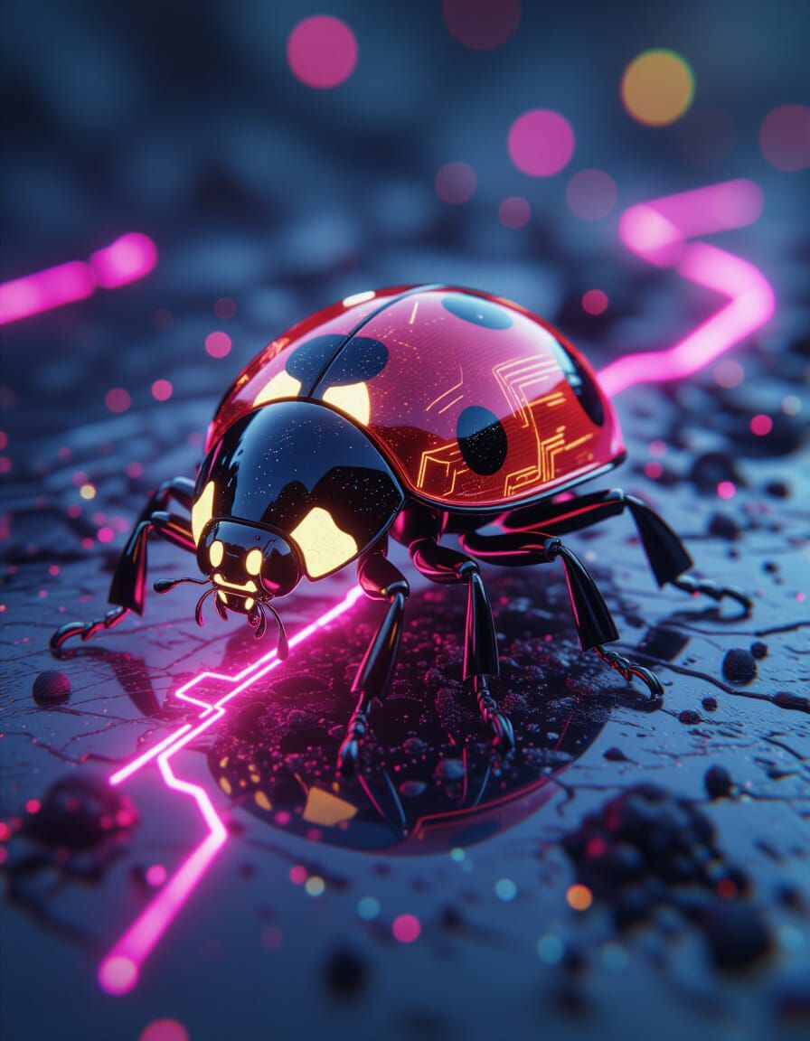 Dystopian Ladybug with Chrome Exoskeleton on Fractal Surface