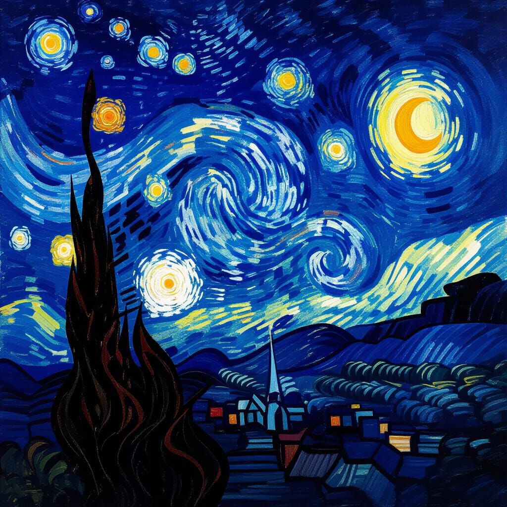 Starry Night Vista with Cypress Tree in Van Gogh Style