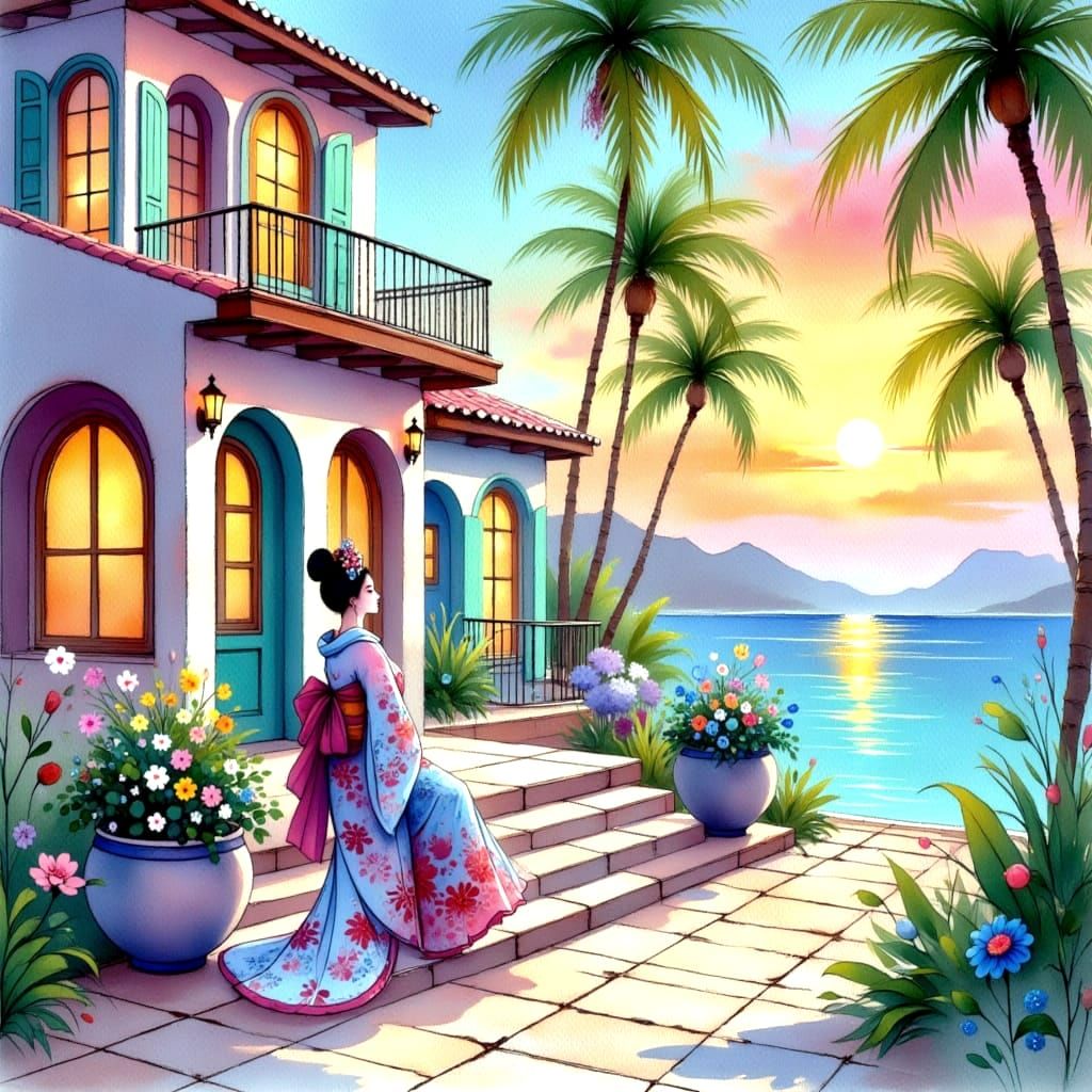 Serene Coastal Retreat in Vibrant Watercolor Style