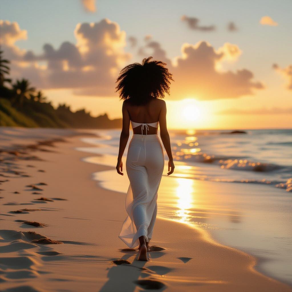 Black Woman Walking on Beach at Sunset