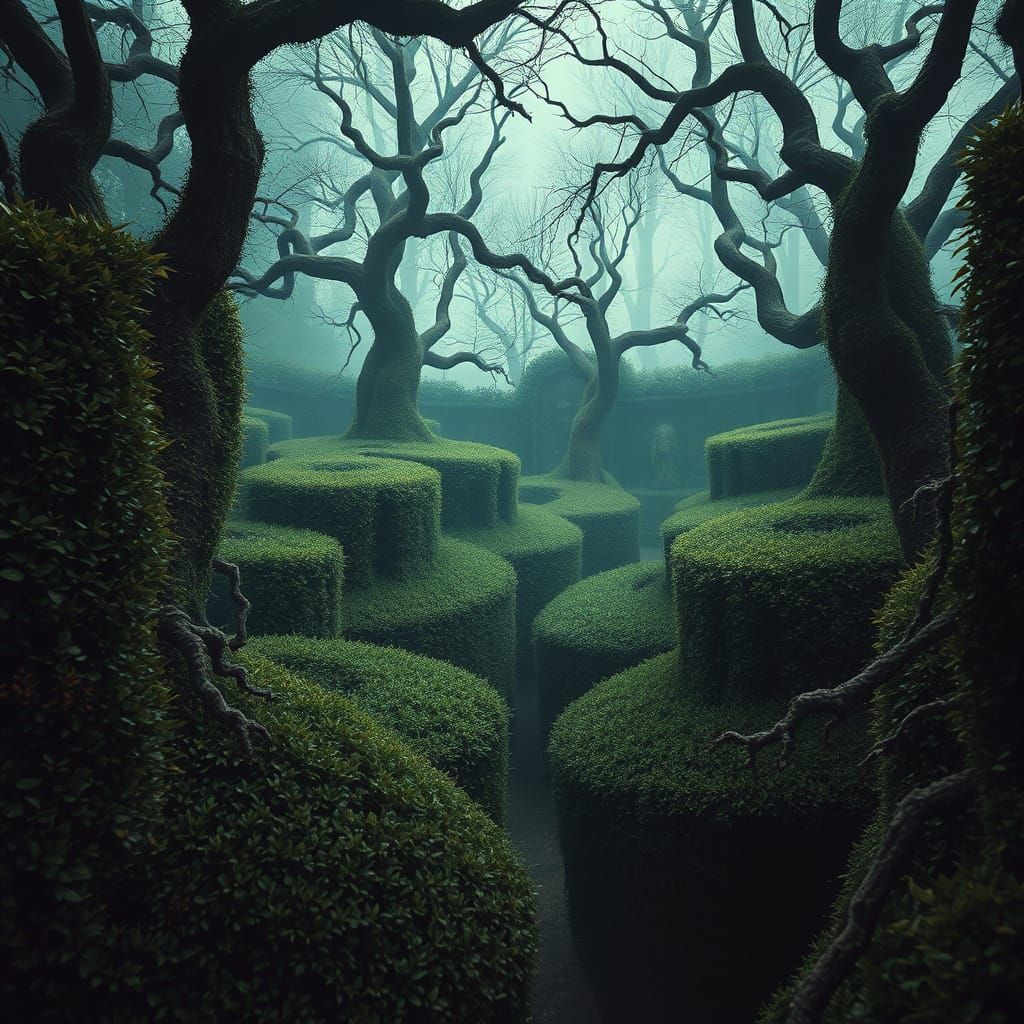 Creepy Garden Maze with Statues, Klimt-Inspired
