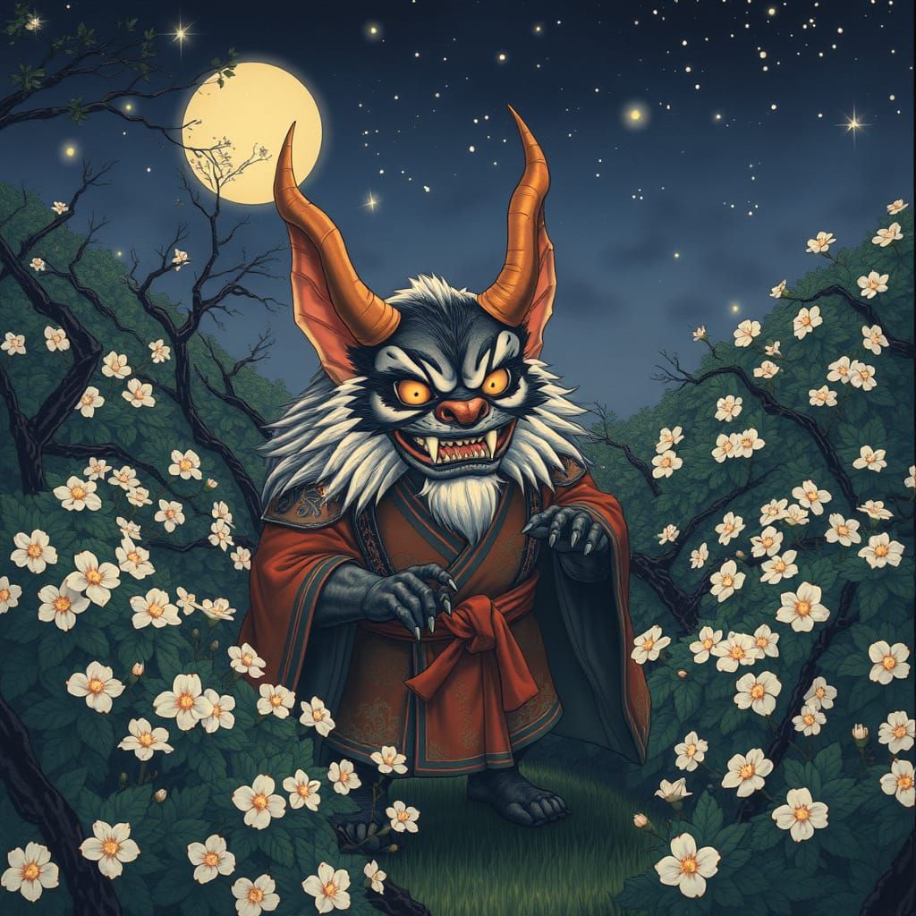 Surreal Tanuki in Whimsical Garden Scene