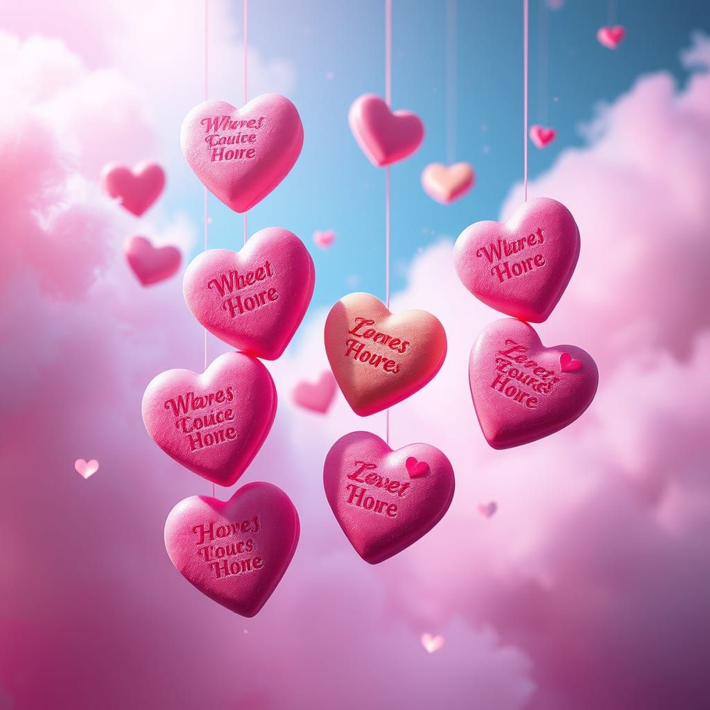 Vibrant Conversation Heart Candies in a Dreamy Ethereal Scen...