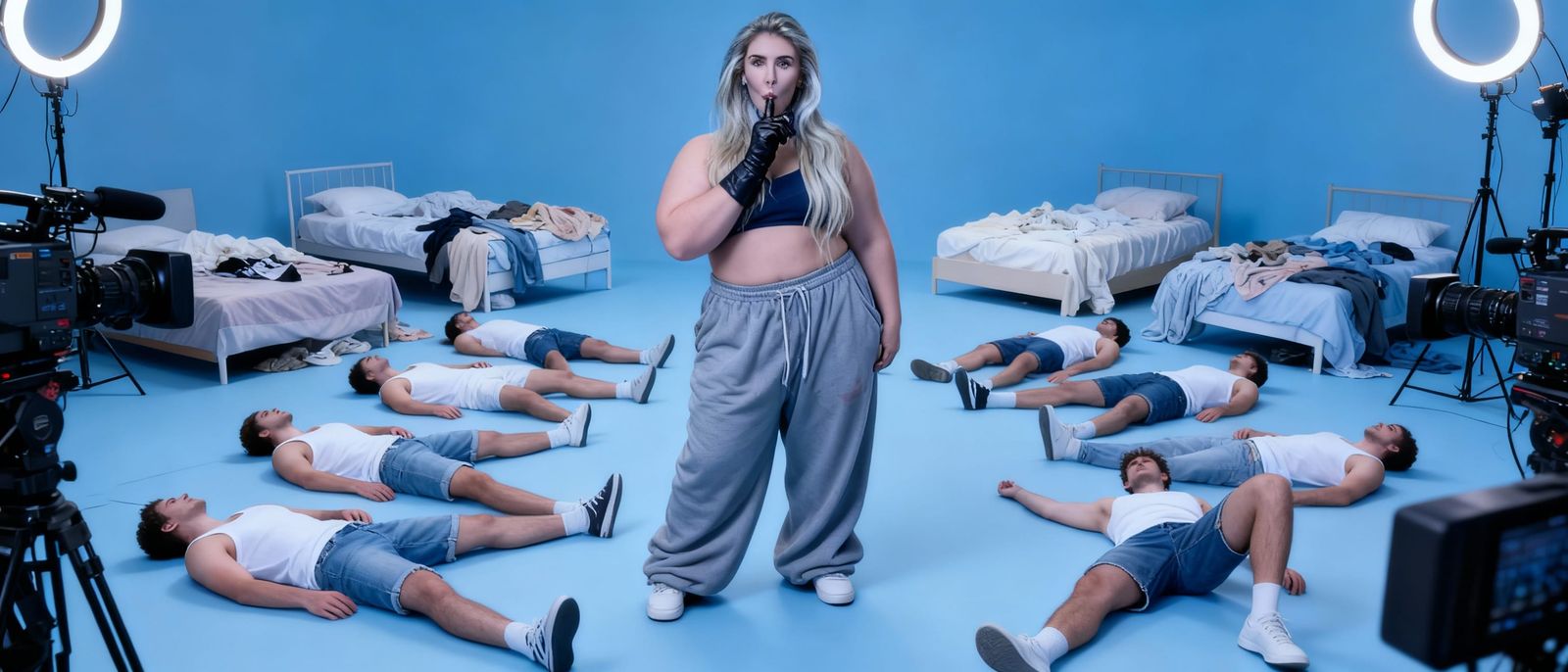 Woman in Baggy Outfit Surrounded by Men