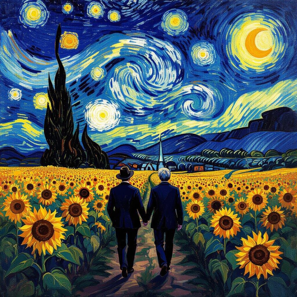 Van Gogh Meets Hawking Amidst Starry Sunflower Fields