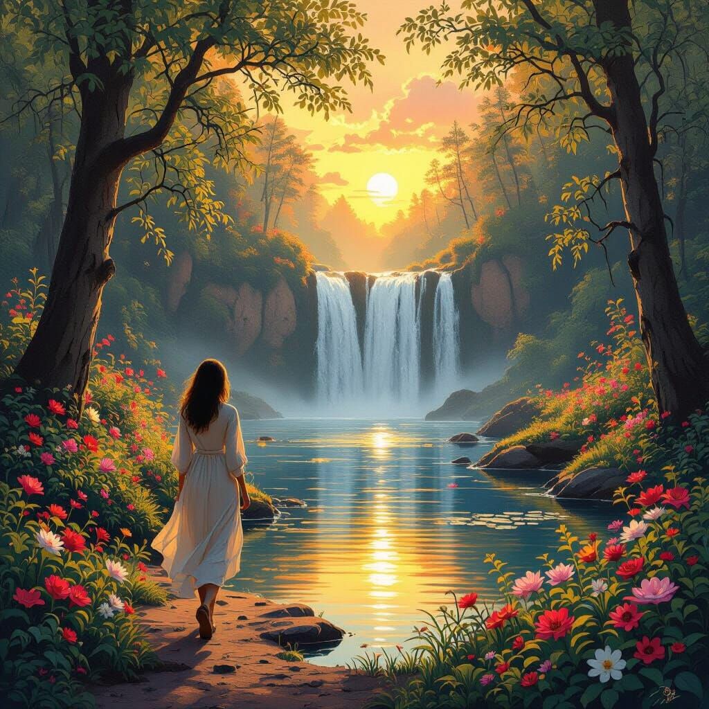 Sunset Waterfall in Forest: An Oil Painting