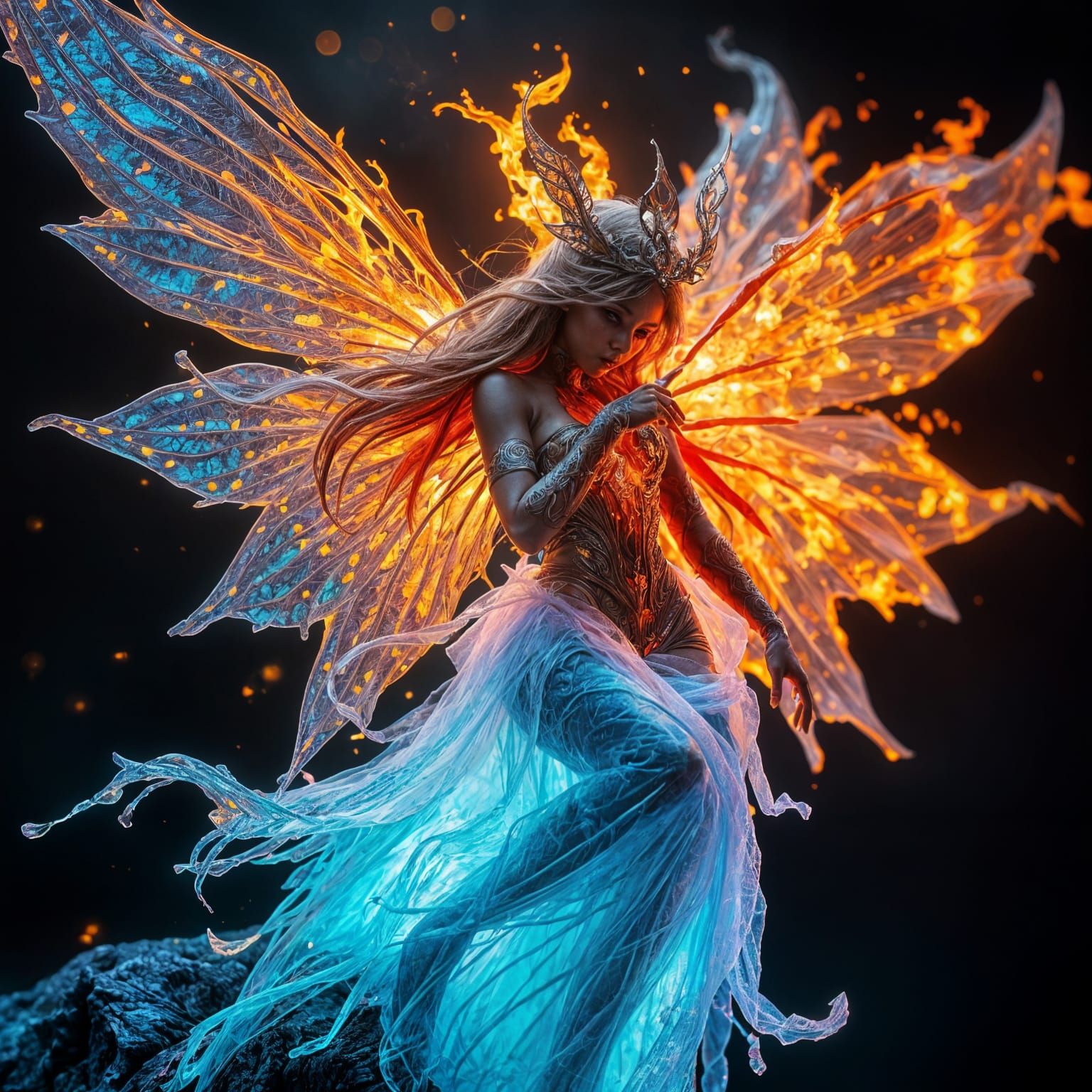 Fire and Ice Fairy in Art Nouveau Style