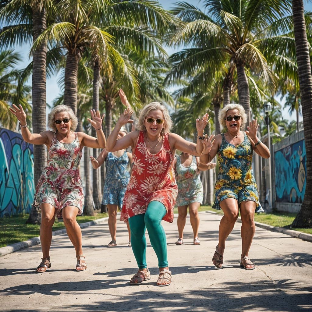 Elderly Women Breakdancing in Miami, Hyperrealistic Style