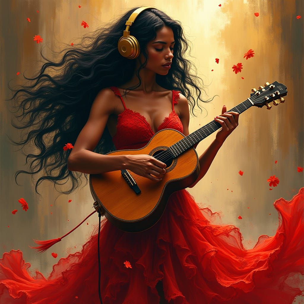 Ethereal Warrior: Vibrant Jamaican Woman in Flamenco Dance