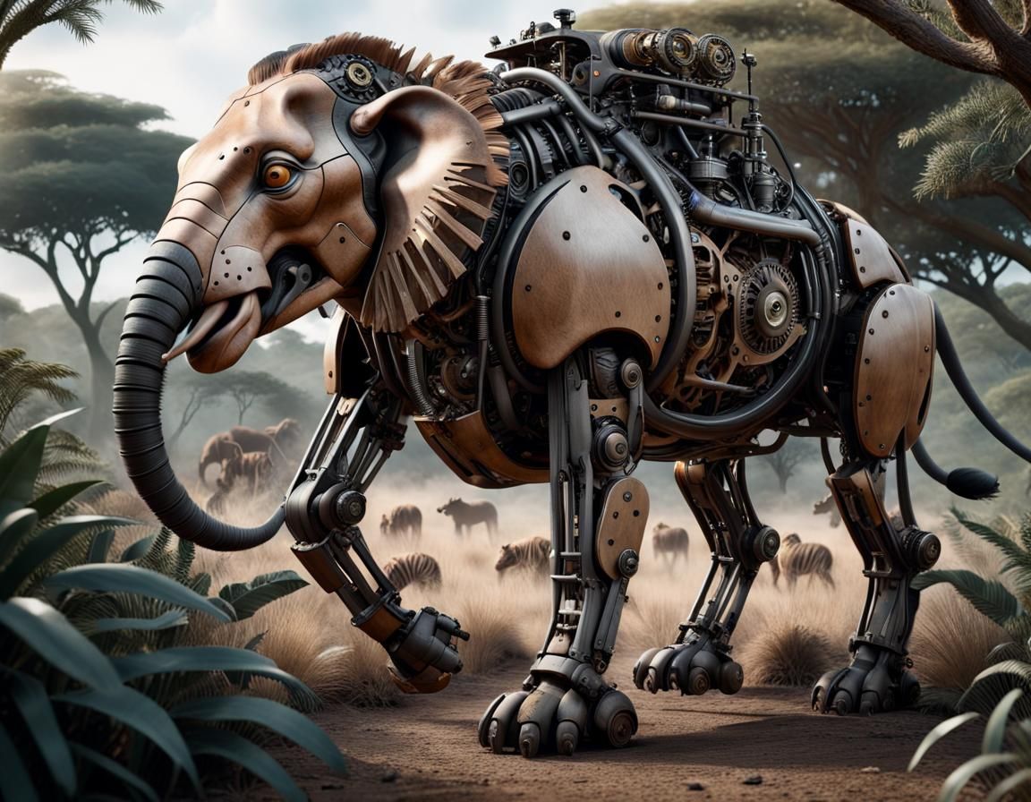 Mechanical Wildlife Unleashed" a hyper-realistic image that imagines a safari landscape where realistic animals created ...