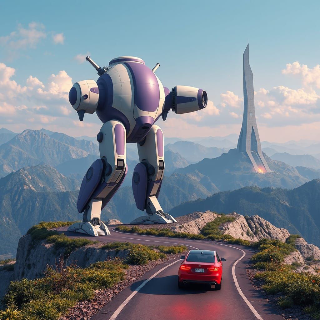 Futuristic Robot Cistern Embarks on a Mountain Road Amidst a...