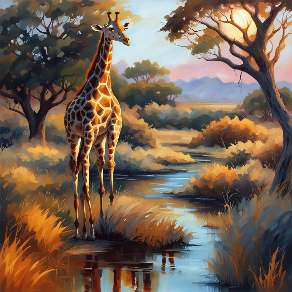 Giraffe in Golden Savannah: Impressionistic Realism