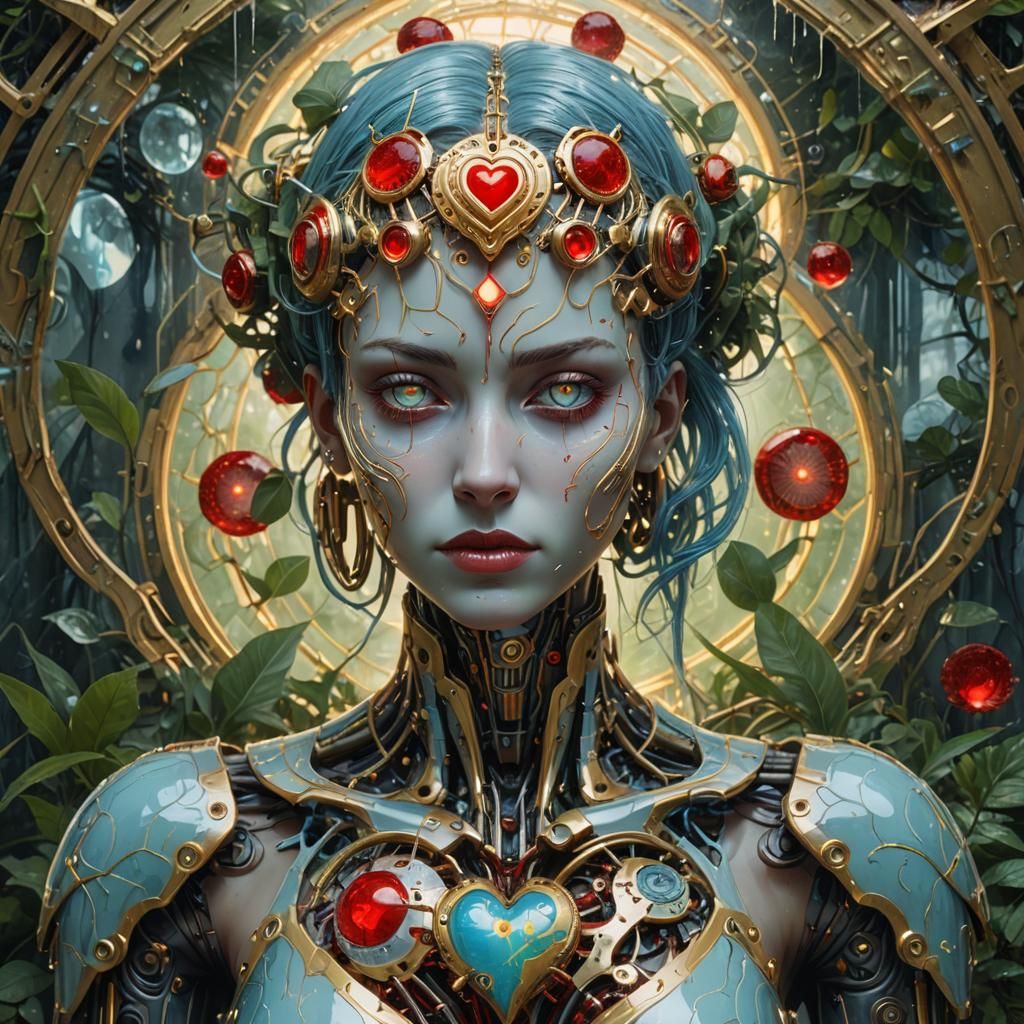 Cyberpunk Biomechanical Figure Holding Glowing Orb