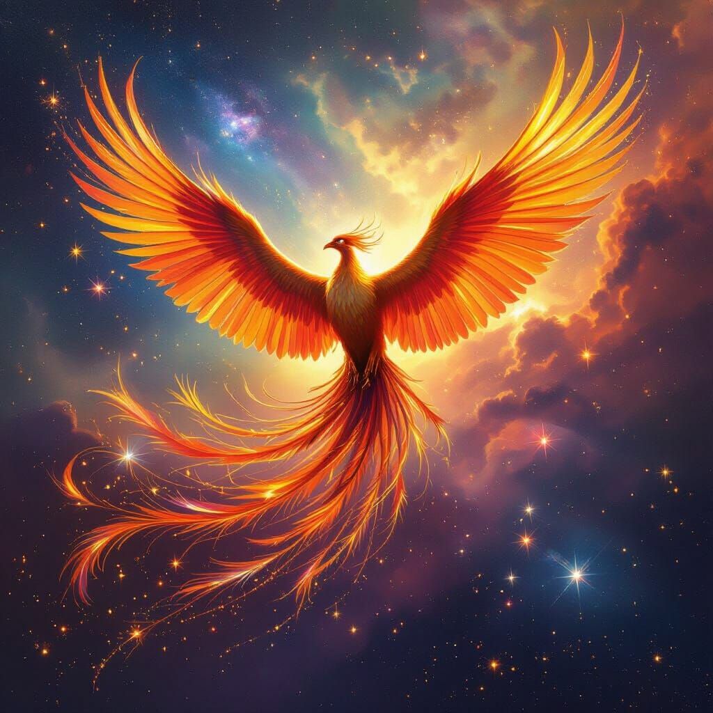 Phoenix Soars Through Cosmic Nebula in Painterly Style