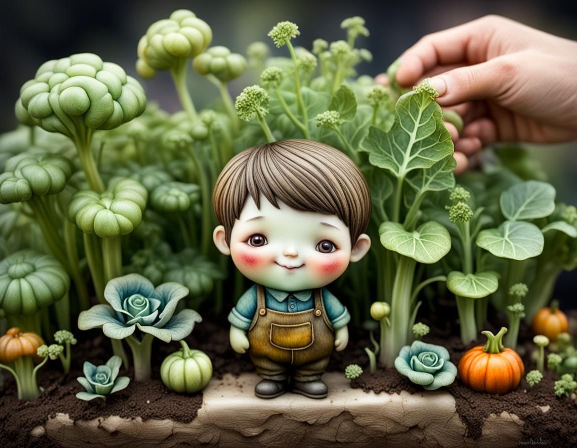 Boy Chatting in a Surrealist Vegetable Garden