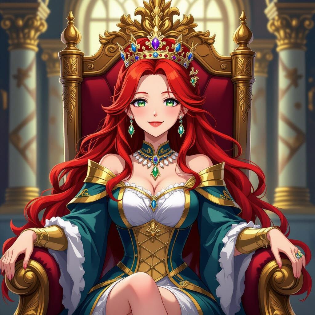 Proud Queen on Throne in Regal Attire, Anime Wallpaper Style
