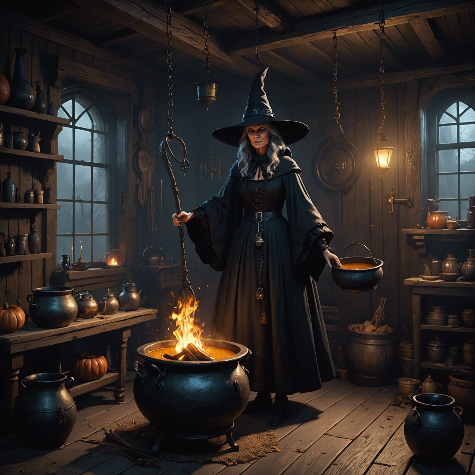 Witch's Room with Black Cat in Dark Fantasy Style