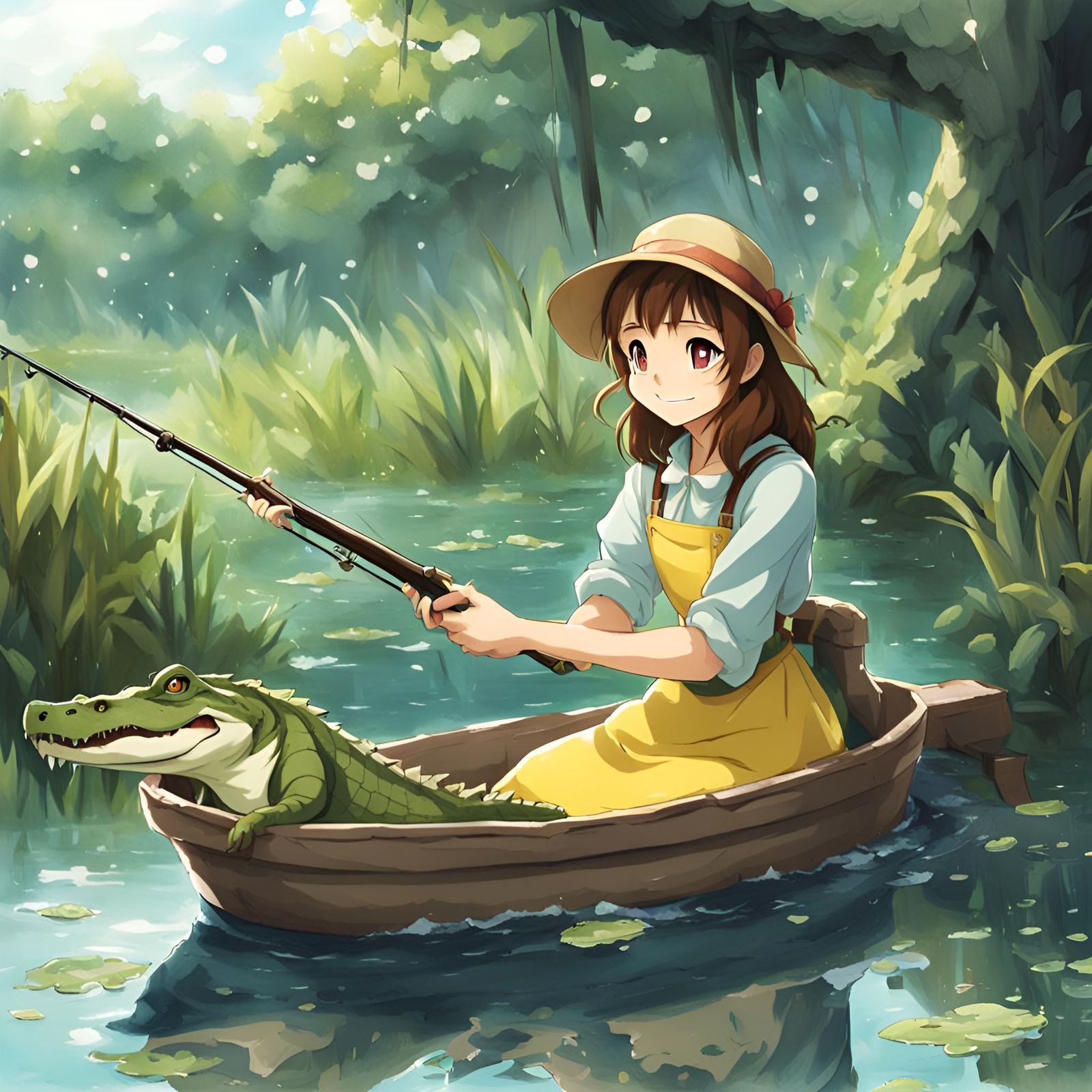 Belle and Alligator Fishing in Anime Style