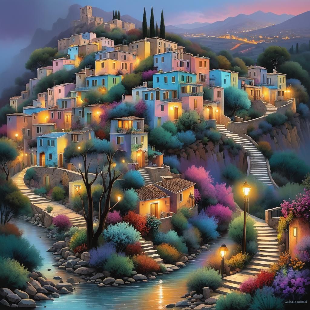 Crete Alleyway in Polychromatic Twilight, Detailed Painting