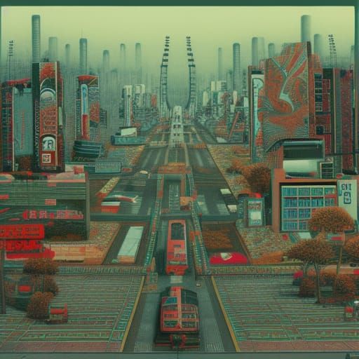 Chaotic 80s City Street Scene with Native Americans