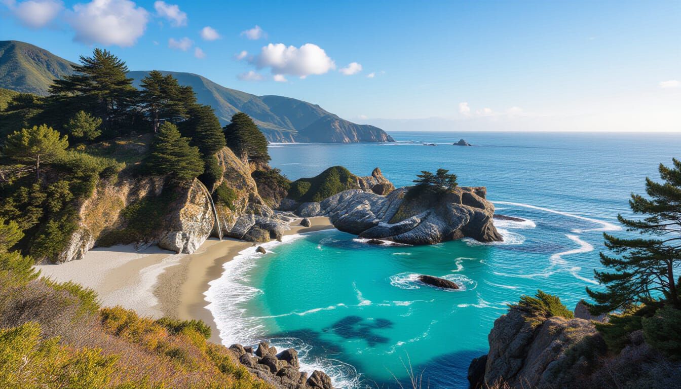 McWay Falls Beach with Waterfall onto Turquoise Cove