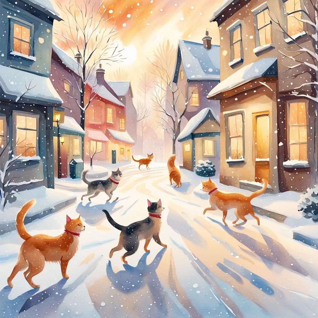 Whimsical Winter Wonderland with Cats and Dogs