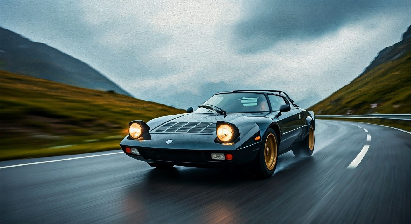 Lancia Stratos HF Stradale on Mountain Road, Gouache Style