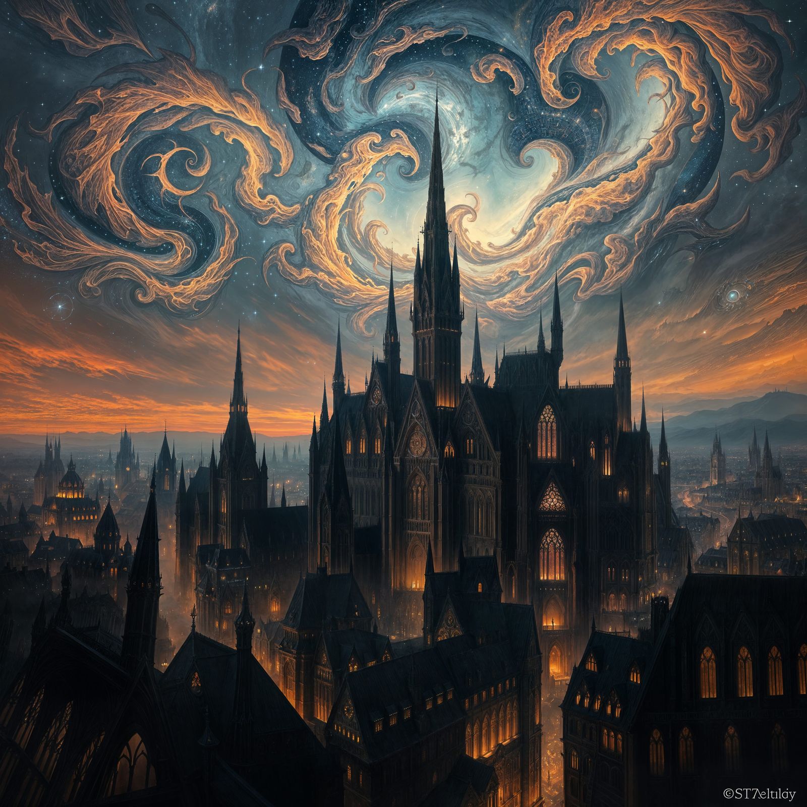 Gothic City Under Cosmic Twilight