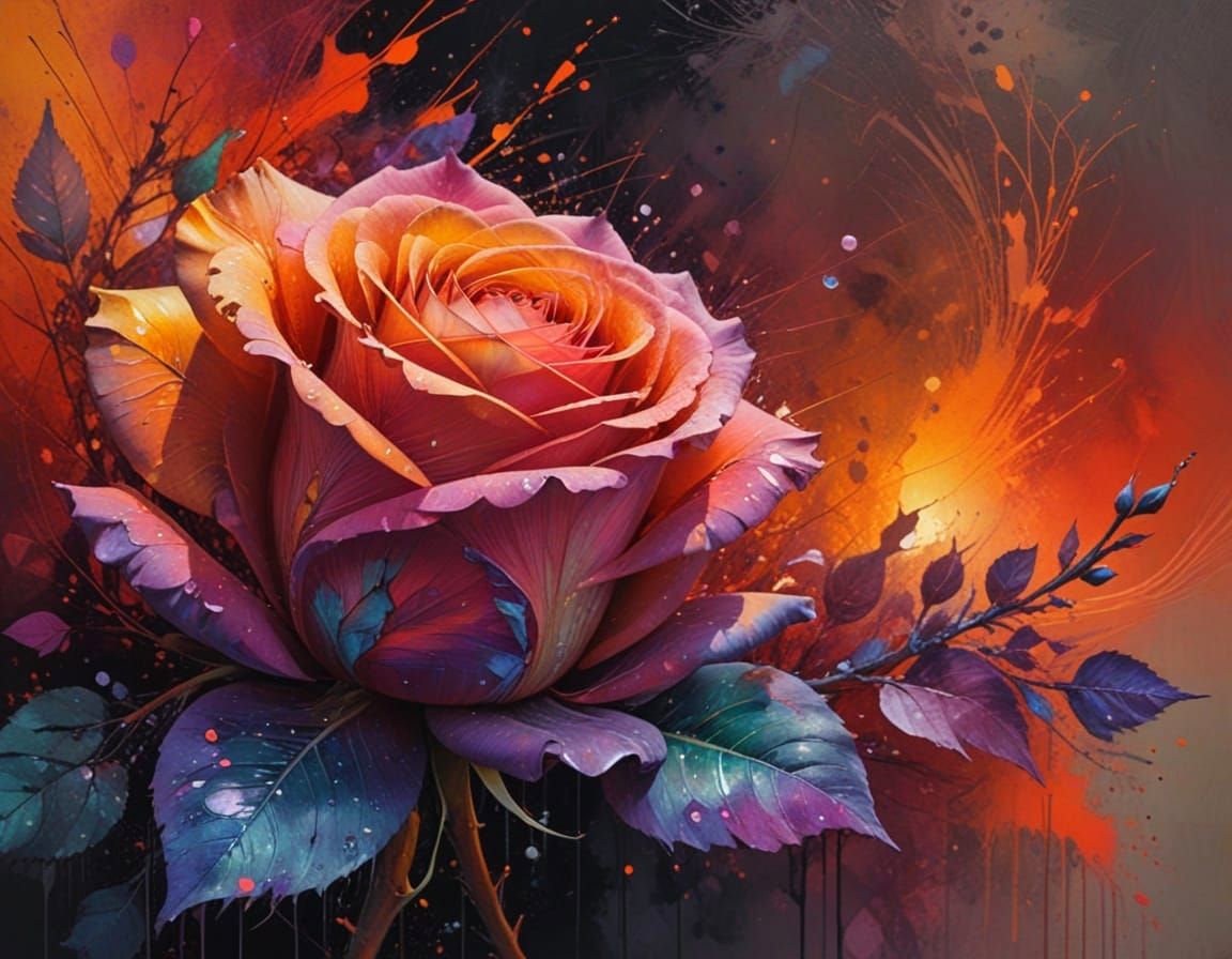 Whimsical Iridescent Rose Blooms in Vibrant Grunge Style