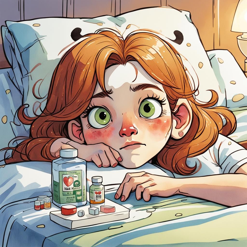 Sick Cartoon Cow in Bed with Medication