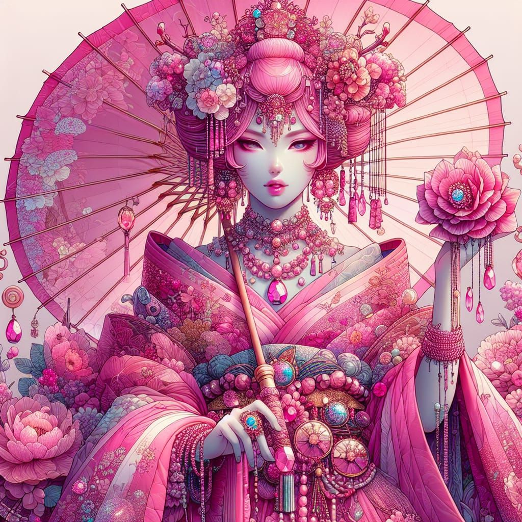 Fantastical Festival Geisha in Pink Silk, Anime Style