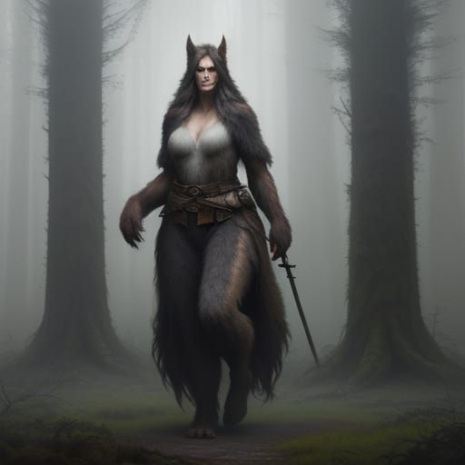 Female Bigfoot in Misty Forest - Realistic Digital Painting