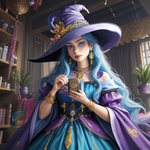 Anime Witch Girl with Colorful Hat and Trinkets