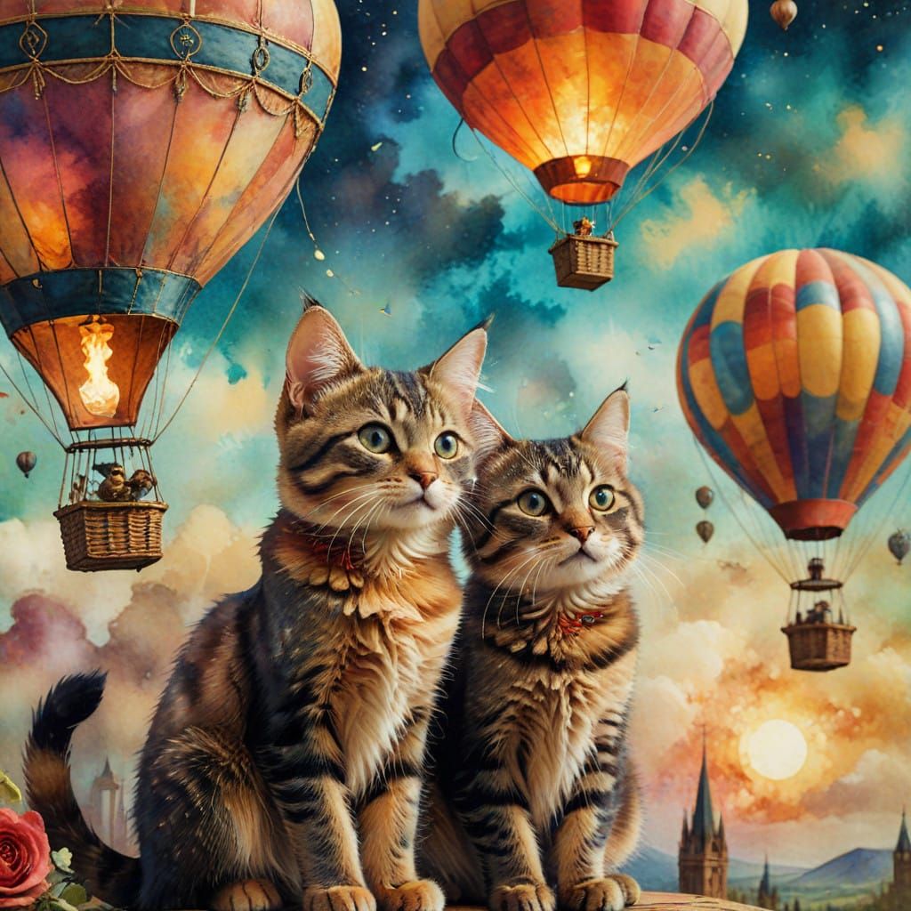Steampunk Kitten in Vintage Hot Air Balloon