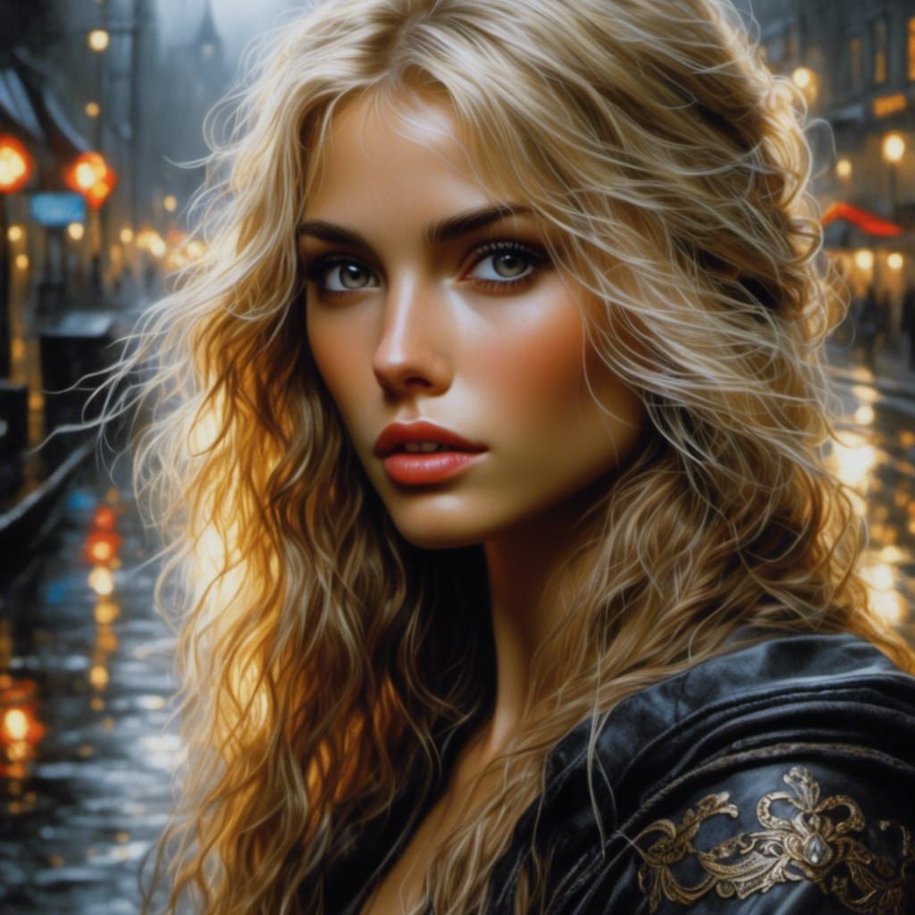 Blonde Woman in Misty Street, Detailed Matte Painting