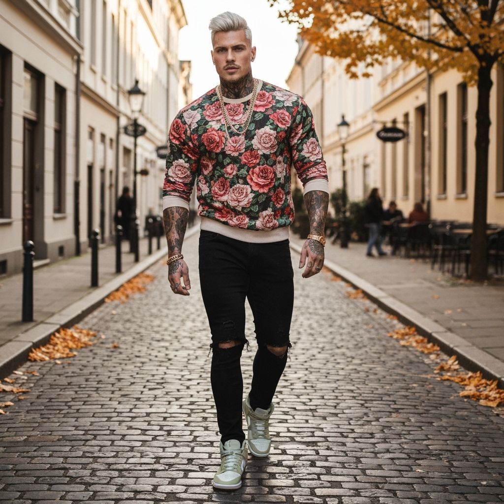 Confident Man Walks on Sunlit Autumn Street