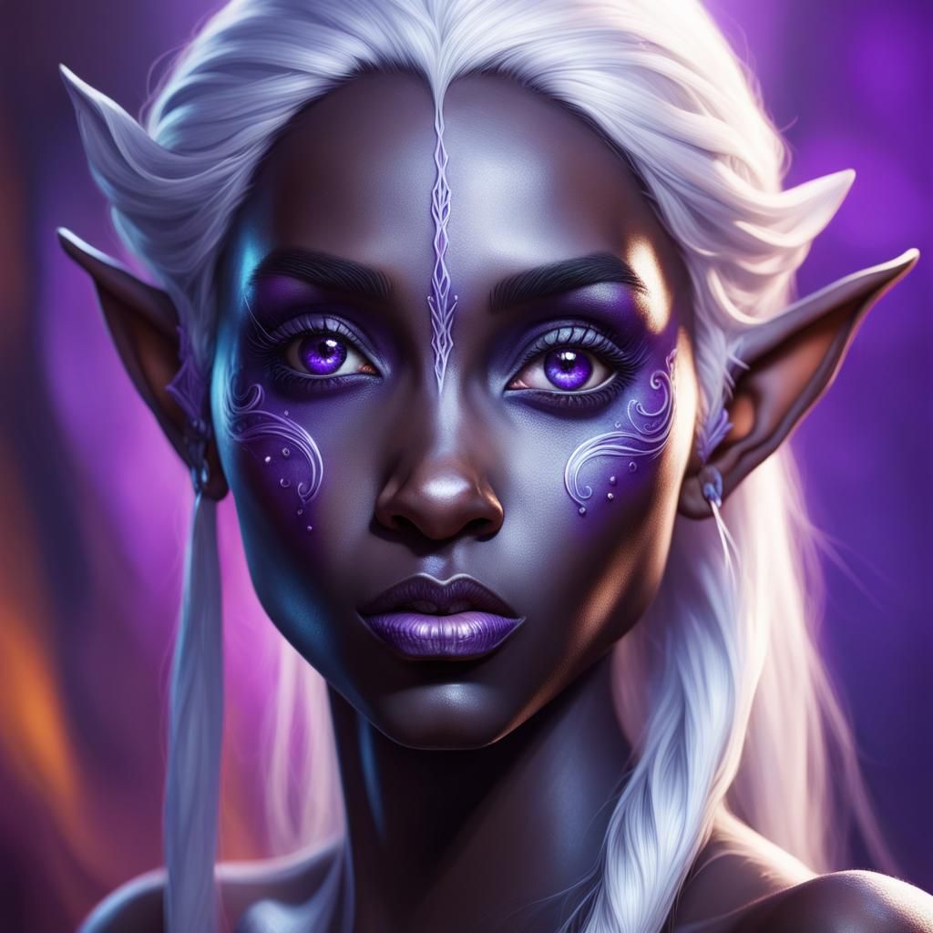 Beautiful Drow Elf with Purple Eyes in Hyperrealism