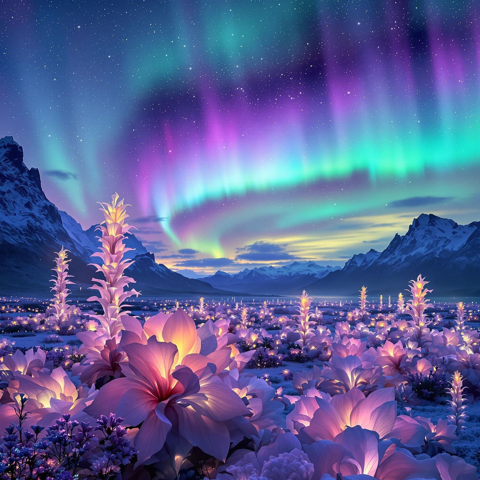 Surreal Bioluminescent Flora Under Aurora Skies