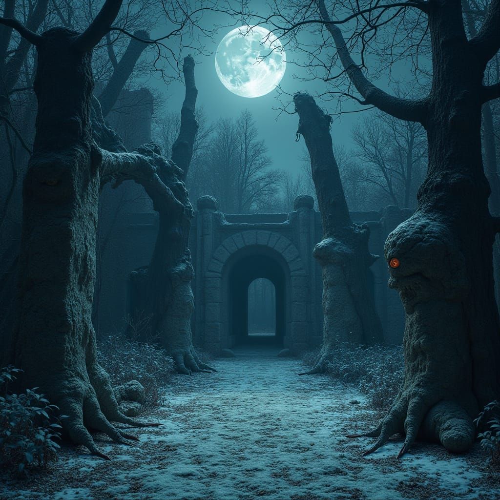 Gothic Hedge Maze with Grotesque Statues