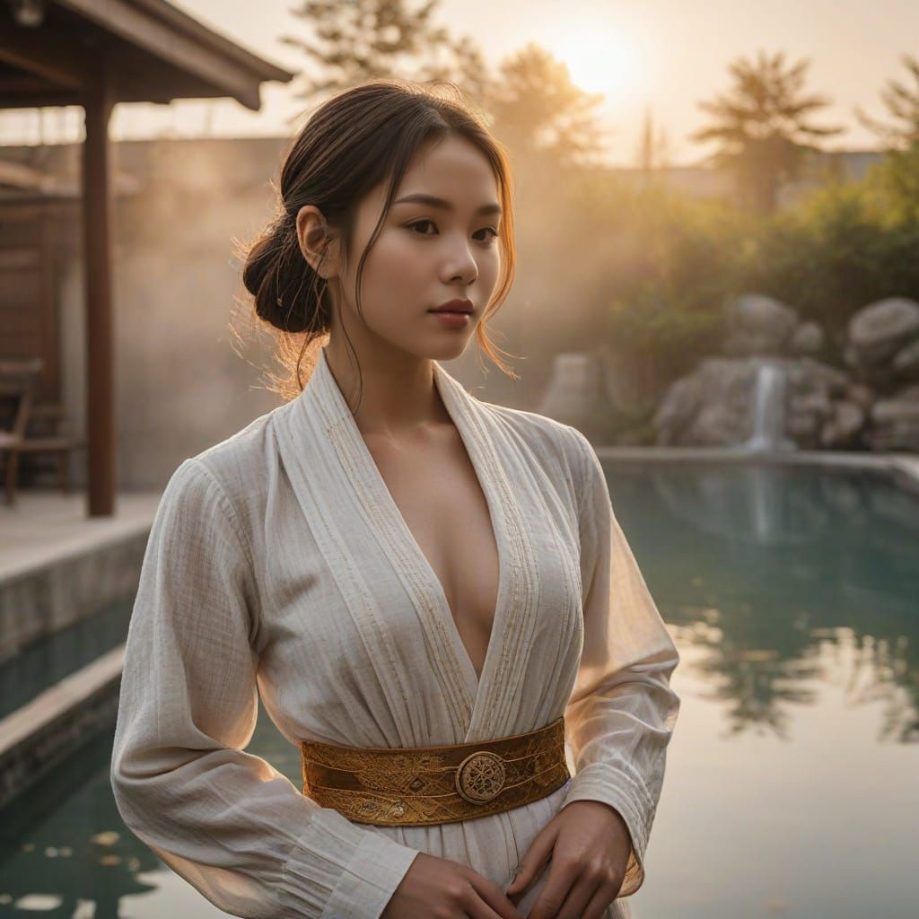 Steampunk Vietnamese Woman in Onsen Pool, Minimalist Style