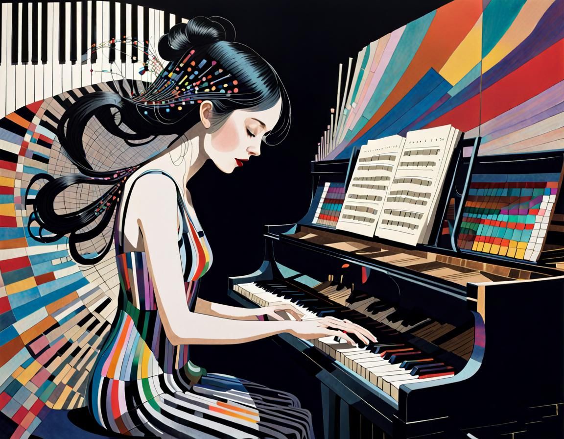 Woman Playing Piano: Abstract Illustration