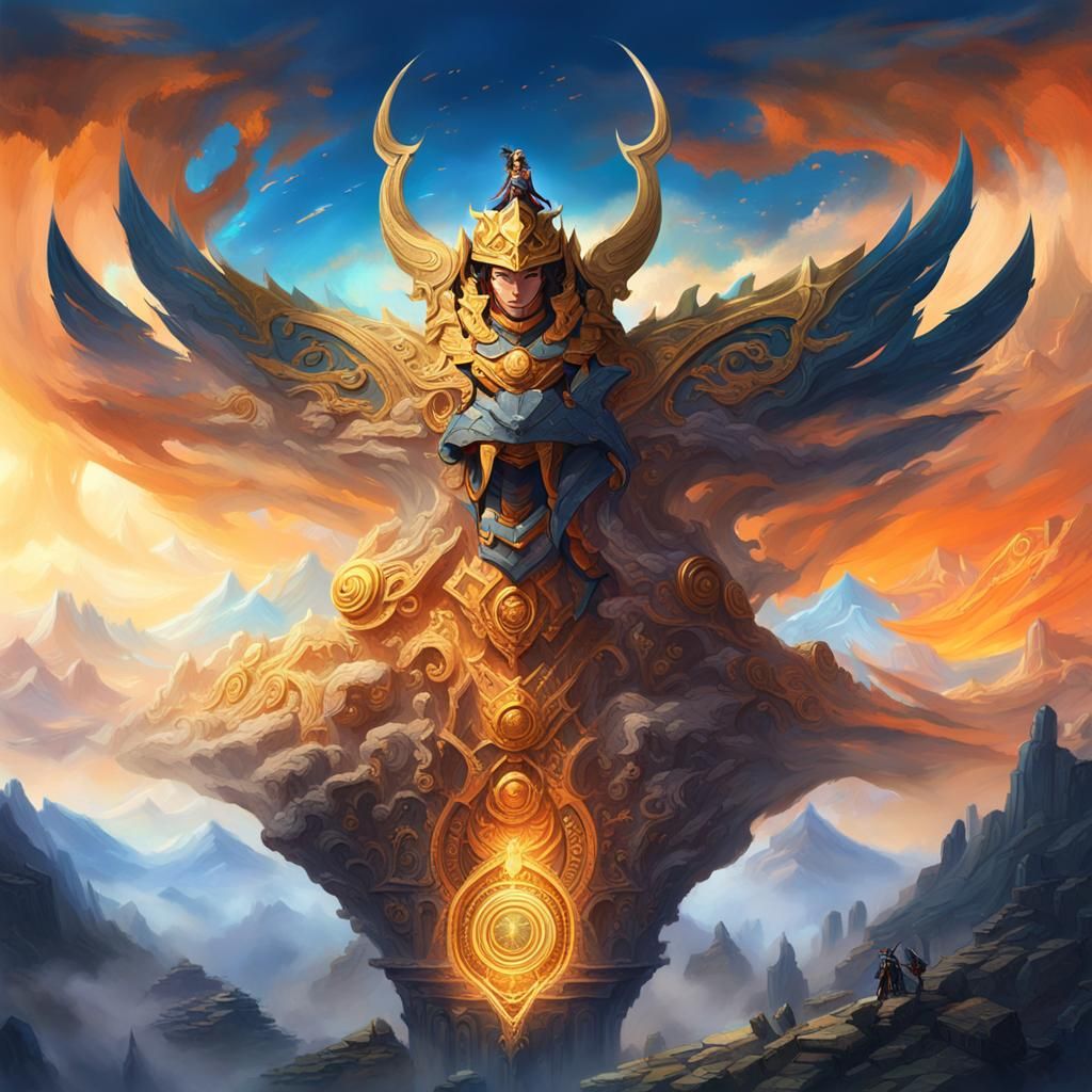 Epic Warrior Ascends Mystical Mountain in Vibrant Golden Hou...