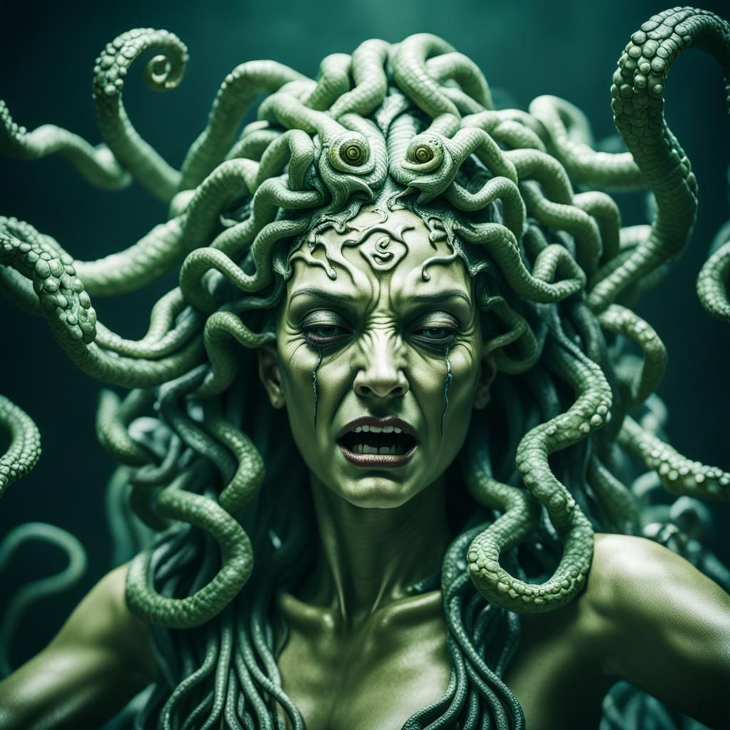 Crying Medusa and Baby: Photorealistic Cinematic Still