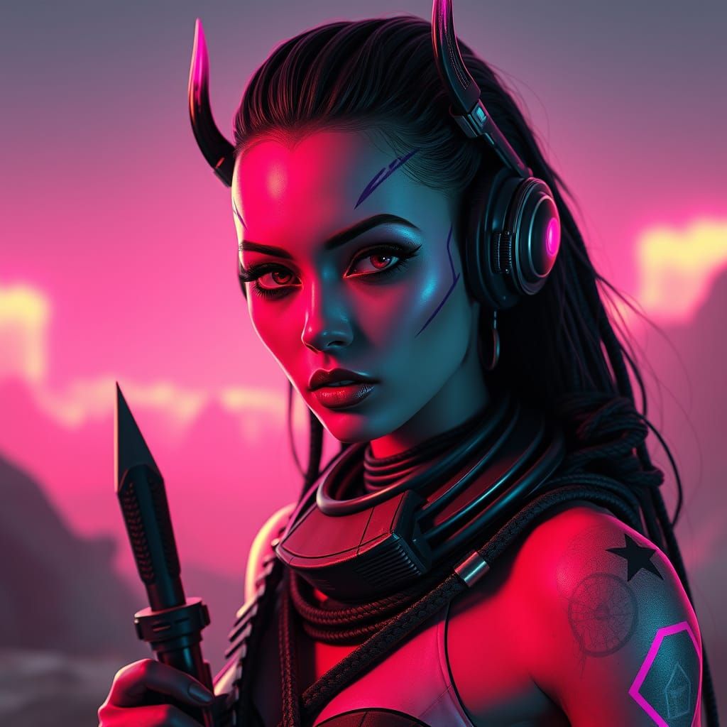 Glowing Alien Female Warrior in Neon Retro Synthwave