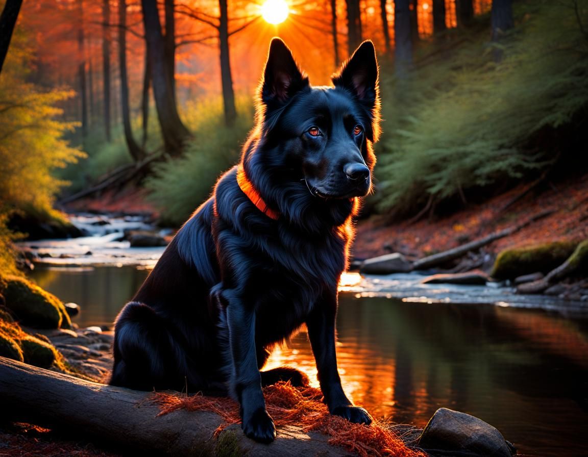 Black Dog in Forest at Sunset