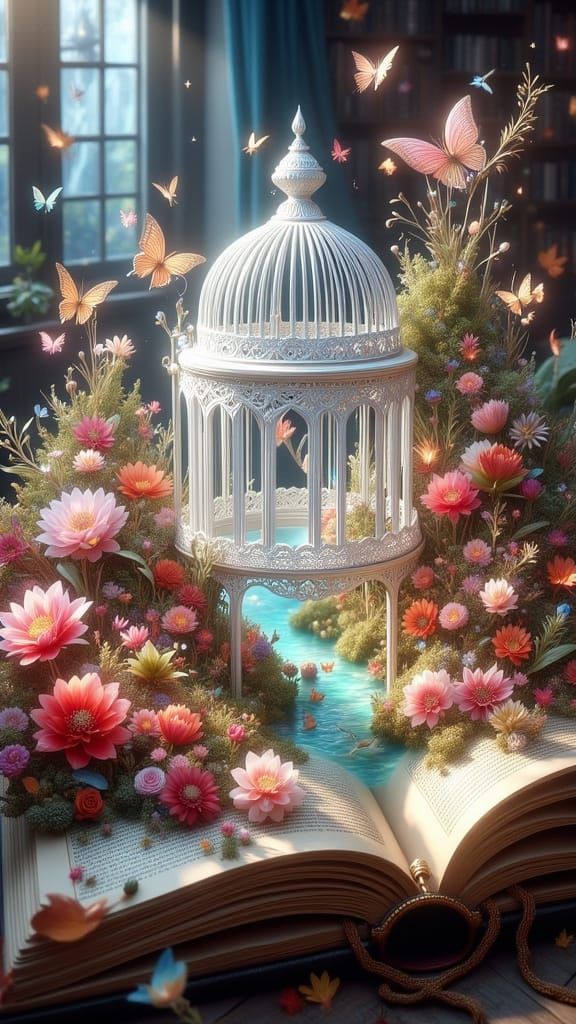 <lora:Book Life:1.0> This captivating image showcase a book that magically opens to a world of vivid, beautiful flowers ...